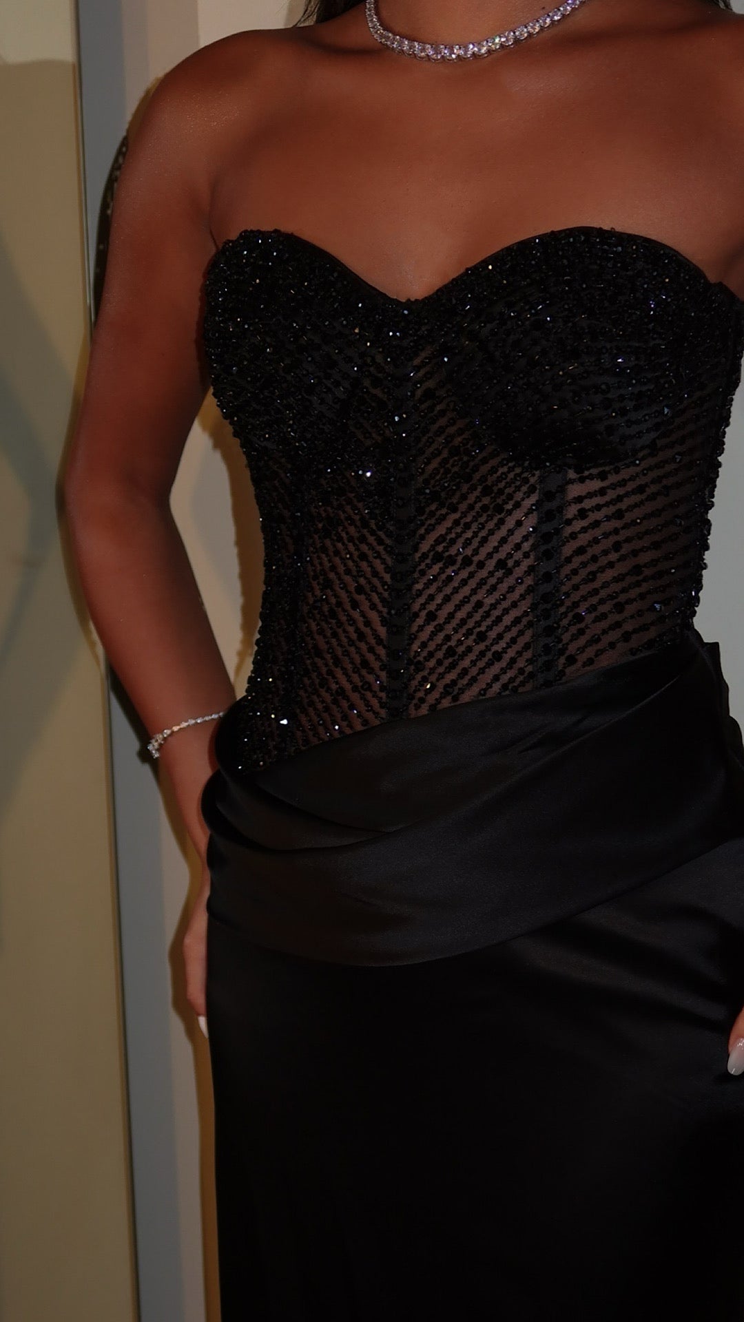 Black Hand-Beaded Draped Dress