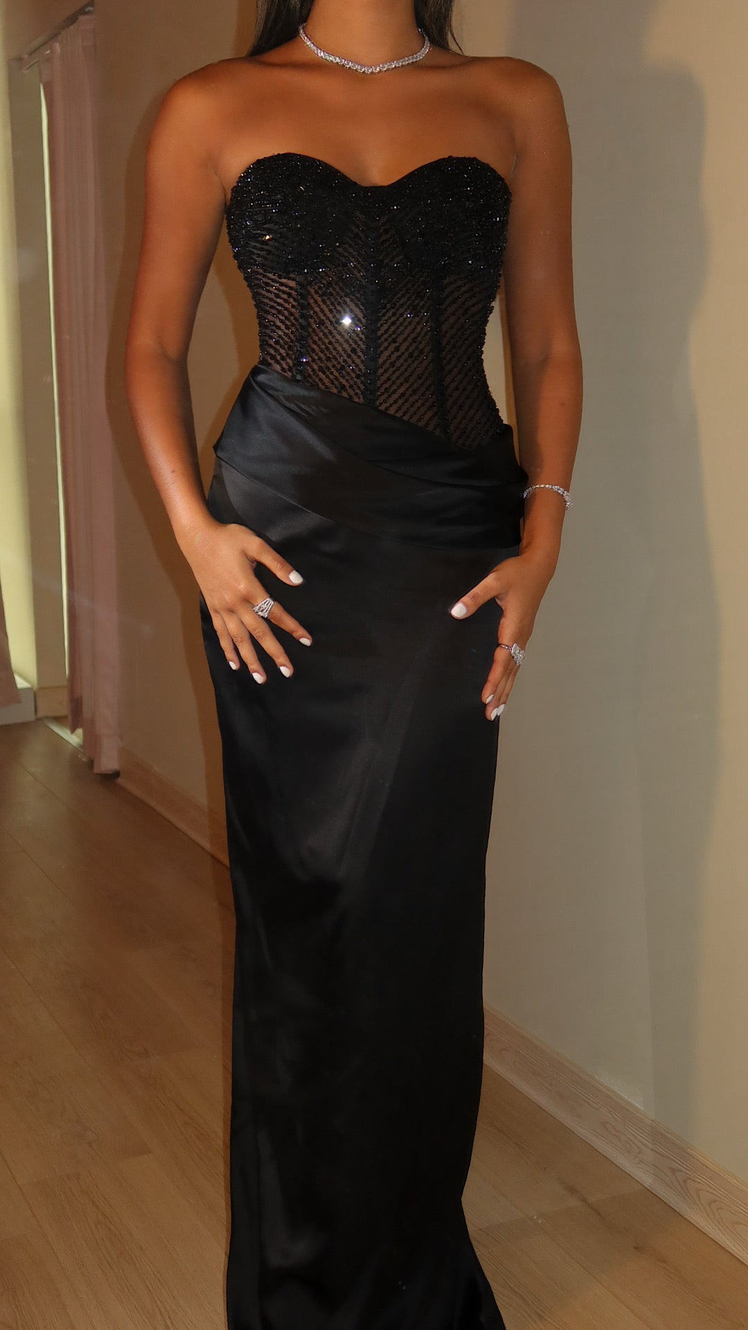Black Hand-Beaded Draped Dress