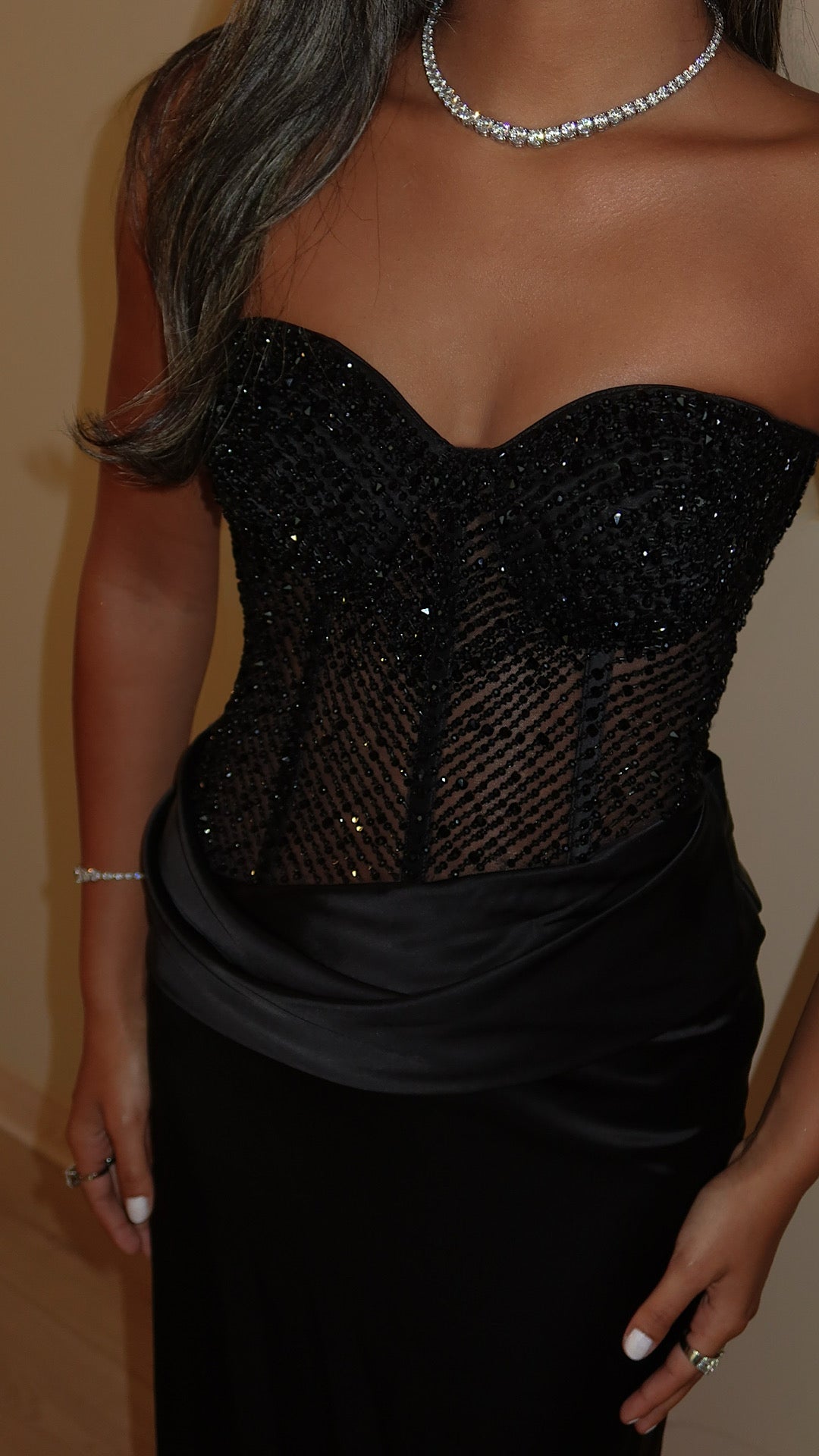 Black Hand-Beaded Draped Dress