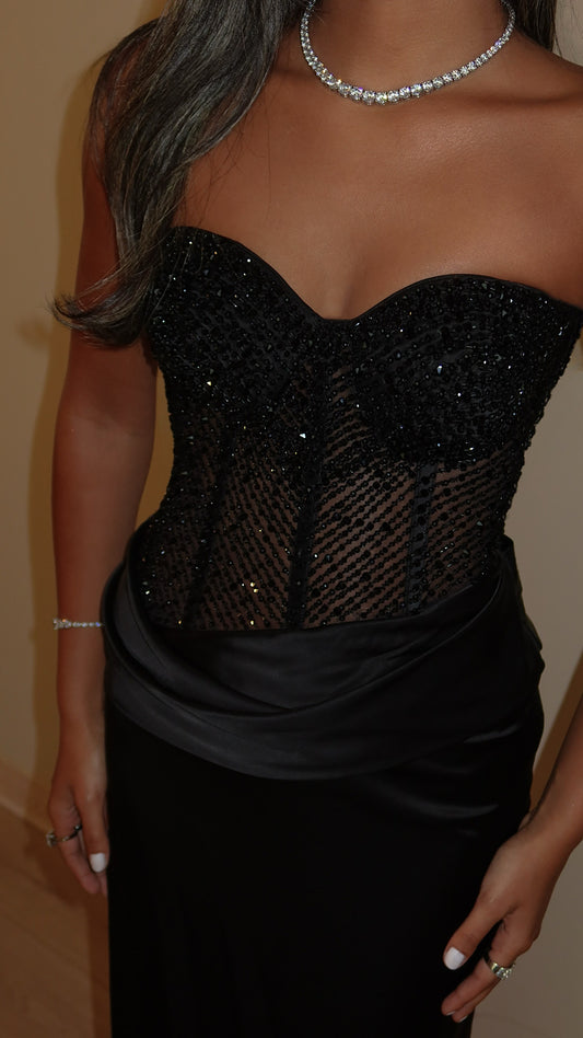 Black Hand-Beaded Draped Dress